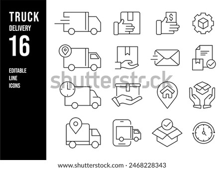  Truck Delivery Line Editable Icons set. Vector illustration in modern thin line style of vehicle related icons: logistics, delivery tracking, floor lifting, and more