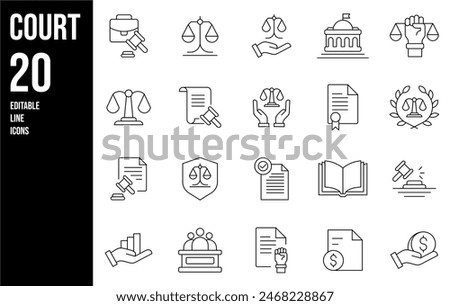 Court Editable Icons set. Vector illustration in modern thin line style of law related icons: Lawyer, judge, justice, and more. Pictograms and infographics for mobile apps.