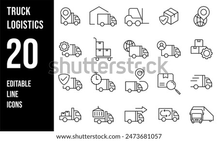 Simple Set of Truck Logistics Related Vector Line Icons. Contains such Icons as Cargo Inspection, Route, Forklift at warehouse and more	