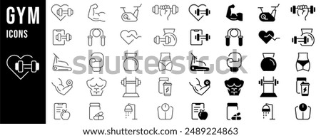 Gym and fitness icon set. Containing healthy lifestyle, weight training, body care and so on. Flat gym icon designs.	