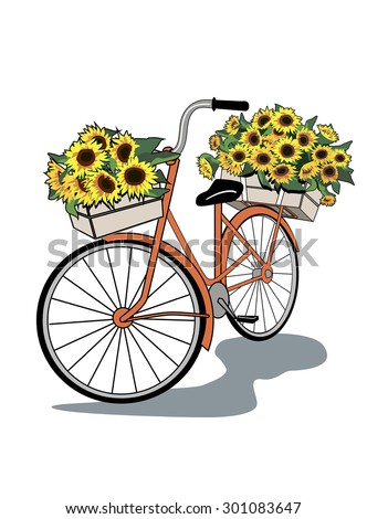 Vintage bicycle with flowers. Sunflower delivery