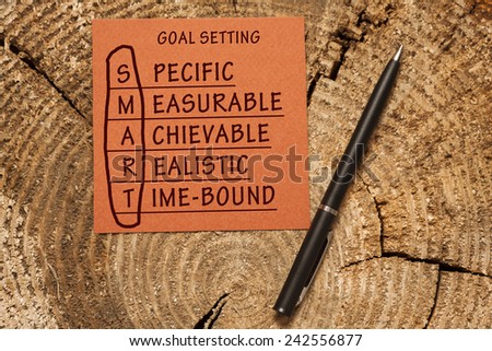 Conceptual SMART Goals acronym on piece of wood with pen (Specific, Measurable, Achievable, Realistic, Time-bound)
