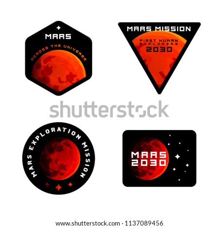 Mars mission emblems concept. Mars exploration logos in colored modern style. Mars colonization badges in modern sci-fi style, badges / labels for clothing and etc