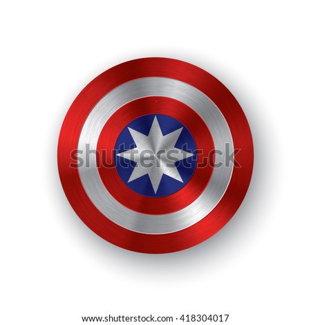 Red, white and blue colored shield with a star symbolizing independence of America. Comics shield