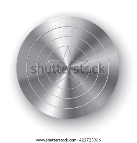 Chrome comics shield with realistic metal texture. Shield with star. Metal shield. Circle shield with star on the center. Stock vector.