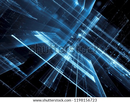 Blue tecnology background - abstract computer-generated image. Digital art: futuristic design with inclined glass walls. For banners, covers, posters Foto stock © 