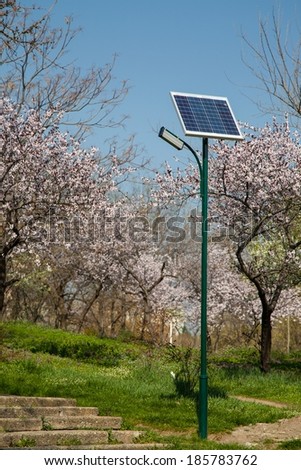 Solar panel located in the park on a beautiful spring day