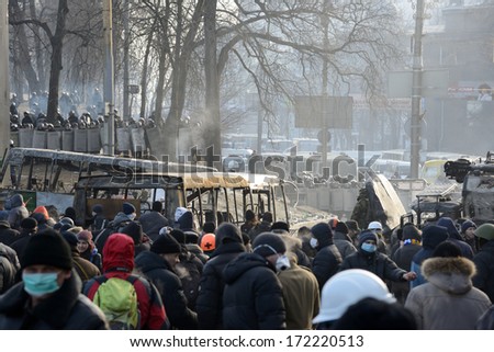 KIEV, UKRAINE - JANUARY 20, 2014: Anti-government protest in Kiev,  Grushevsky str.  Mass meeting for the government\'s resignation.