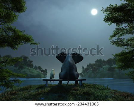 elephant and dog meditate at summer night