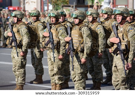 Kiev, Ukraine, Khreshchatyk Street, August 24, 2015. Military march to the Independence Day of Ukraine.