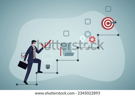 Project management, concept banner. Confident businessman climbs the stairs towards goal. Male employee at first step of ladder, stages of successful business project. Flat vector illustration