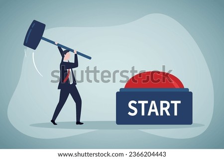 Confident businessman with hammer hits big button. Start new project or startup. Push the button. Business development, concept banner. Flat vector illustration