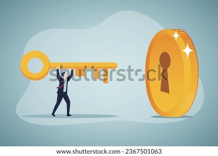 Financial key success, unlock secret reward for investment opportunity, wealth solution to make money and gain profit concept, smart businessman investor holding huge golden key to unlock coin keyhole