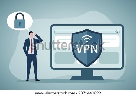 VPN software or plugin. App for secure internet connection, data encryption. Security protocol. Virtual Private Network, landing page template. User or employee uses laptop. Vector