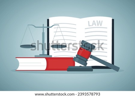 Law, Order, Court Symbols Vector Illustration. Magistrate Gavel, Scales, Cases Reports, Book. Legal Advice, Consulting Firm. Wooden Judge Hammer. Jurisprudence Textbooks