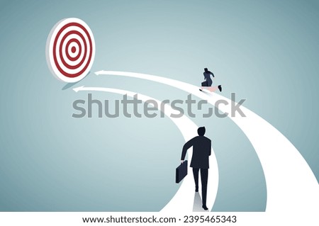 Business people run on the arrows. Concept business competition vector illustration. Flat business cartoon, Speed, Togetherness, Office Team, Back view.