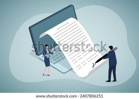 Electronic signature on laptop. Business E-signature technology, digital form attached to electronically transmitted document, verification of intent to sign agreement, E-commerce,  legal deal. Vector