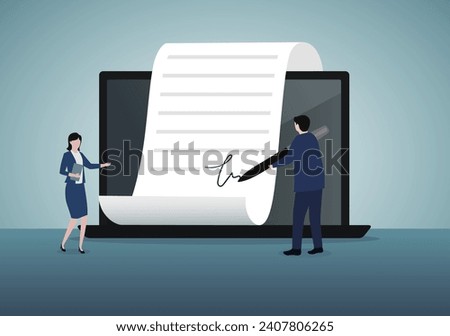 Electronic signature on laptop. Business E-signature technology, digital form attached to electronically transmitted document, verification of intent to sign agreement, E-commerce,  legal deal. Vector