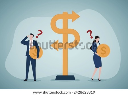 Investment choice or option to make profit, buy or rent, pay off debt or invest, select best earning asset, confused businessman and woman investor hold money coin choose dollar direction signs.