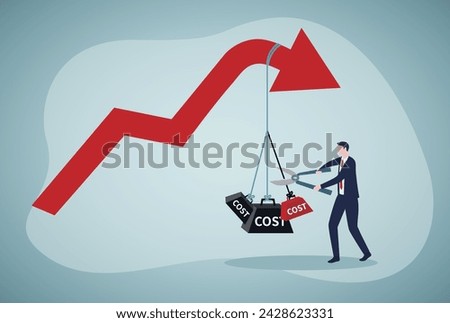 Cost reduction, cut expense to increase profit, improve business profitability by reduce spending, decrease investment fees, businessman using scissors to cut heavy cost burden and let profit arrow up