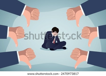 Sad businessman character and many hands with thumbs down. Vector flat cartoon illustration