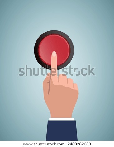 Hand pressing red button. Push finger.  Click button isolated on background. Beginning action and emergency, concept.