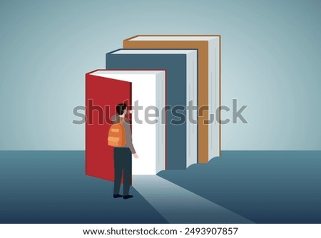 Education, knowledge concept.Man using a book as a door to access new opportunities.