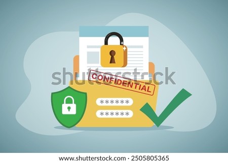 Yellow folder with confidential documents. Sensitive data and information. Data protection. Secure account, profile login and password. Paperwork in office. Flat vector illustration