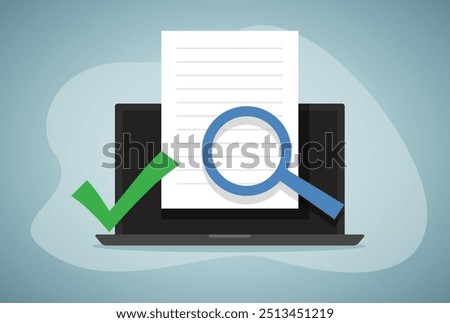 Review quality control vector, expertise text research content online on laptop pc, digital document file evidence check analysis, article inspect concept, law legal proof info searching editing