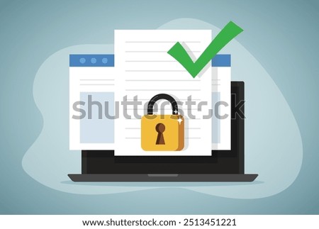 Document data secure confidential online access locked on laptop computer vector or internet web text file privacy protection block flat icon