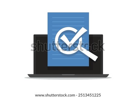 Approved and confirmed document file check online on laptop computer or quality control of text writing and creating icon flat cartoon, concept digital accepted or certified license paper form image