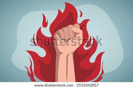 Hand Power With Fire Vector On Blue Background Illustration Design