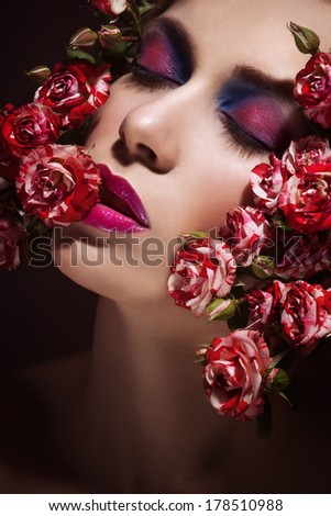 Beautiful Fashion Girl\'s Face. Makeup. Roses
