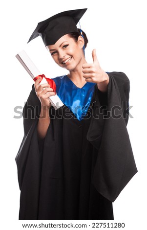 young woman college graduate portrait wearing cap and gown with diploma isolated on white background