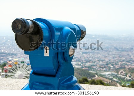 Observation deck with binoculars, view of Barcelona city, Spain