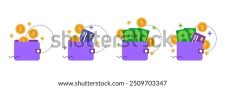 Finance Concept Editable Stroke Set, Purple Wallet with Dollar Coins, Cash, Credit Card and Sparkles, Flat Vector Illustration