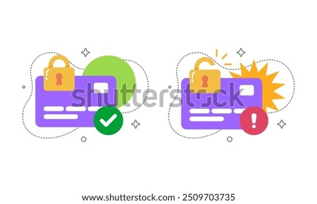 Secure Payment Concept, Editable Stroke Vector Illustration of Purple Credit Card with Lock, Unlock, Check and Exclamation Alert Symbol