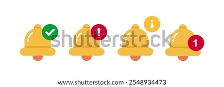 Notification Bell Set with Green Check Mark, Exclamation Mark, and Red Circle Alert. Flat Style Vector Illustration.