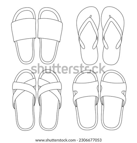 For coloring, an outline drawing in the form of different types of shoes flip flops slates slippers