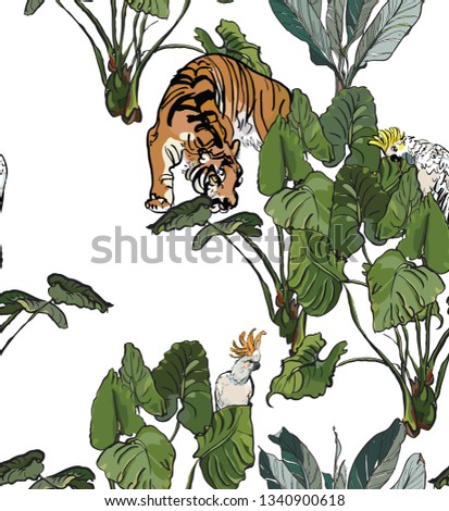 Seamless Pattern oriental Asian Chinese Traditional Print Nature Jungle Exotic Tropical Forest Big Leaves and Wildlife Tige Animals with Birds Cockatoo Parrots Banana Trees