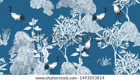 Seamless Pattern Chinoiserie Chic Blue and White Oriental Chinese Design  Tropical Floral Trees and Exotic Birds Cranes in Oleander Flowers Outline Drawing Zdjęcia stock © 