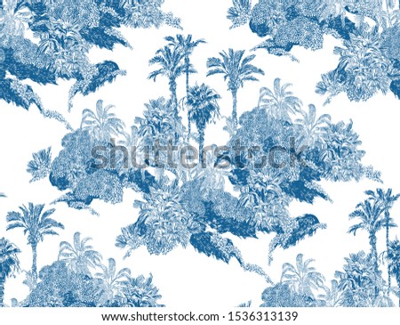 Seamless Pattern Cobalt Blue Vintage Outline Etching Graphics of Jungle Tropical Palms Rainforest Exotic Plants Groups of Trees in Mountains British Textile Design on White Background