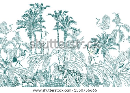 Seamless Border Vintage Lithograph Sketch Drawing Wildlife Leopard, Tiger Animal, Crane Birds in Palm Trees with Banana Leaves Jungle Rainforest Etching Hand Drawn Window Design