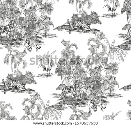 Seamless Pattern Hand Drawn Lithography Etching Illustration Tropical Jungle Forest Wildlife Tiger, Leopard Animals in Tropics with Palm Trees Wallpaper Black and White on White Background Old Drawing
