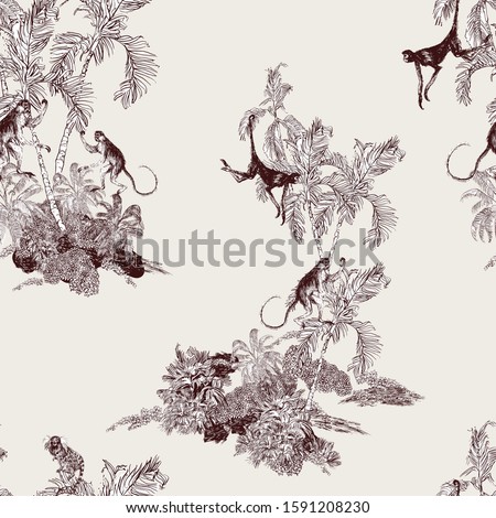 Seamless Pattern Tropical Plants Palms with Monkey Animals, Hawaiian Design, Etching Drawing, Wildlife on Banana Trees, Isolated Islands Groups of Trees, Brown on Beige Background Engraving Lithograph