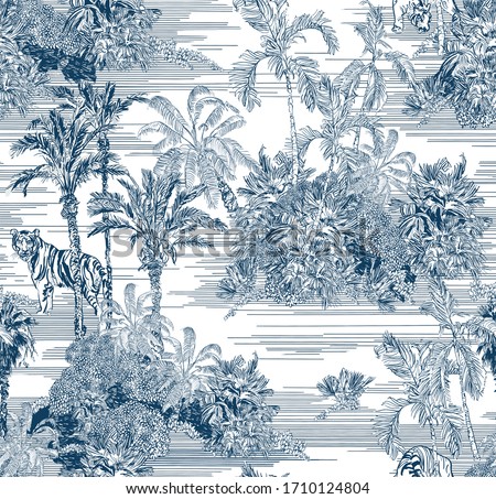 Toile Engraving Tropical Islands Seamless Pattern, Oriental Palm Trees Wallpaper, Wildlife Tigers in Exotic Plants Ocean Beach Blue on White Background, Linear Jungle Oceania India Landscape Print