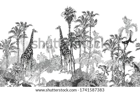 Seamless Border Wildlife in Tropics Toile, Engraving Mural Exotic Palms and Giraffes, Monkeys, Cheetah on White Background, Panorama Landscape View Tropical Jungle Banana Trees Wildlife Wallpaper