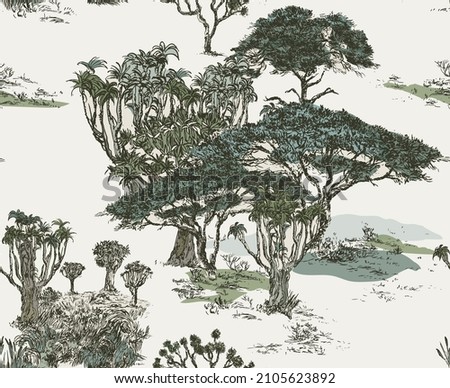 Savannah Trees African Landscape Seamless Pattern, Safari Hand Drawn Toile Print on Grey Background, National Park Plants Textile Design Outline Drawing Stock foto © 