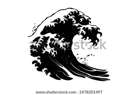 Tsunami Wave Silhouette Vector isolated on a white background, Tidal Sea Wave black Clipart