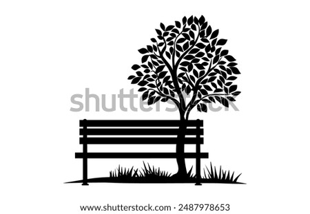 Tree with Bench Silhouette Clipart, Park Bench and tree Vector black Silhouette